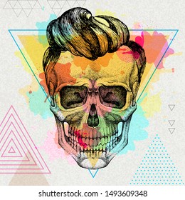Hand drawing hipster skull illustration on artistic watercolor background. Hipster fashion style