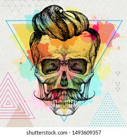 Hand drawing hipster skull illustration on artistic watercolor background. Hipster fashion style