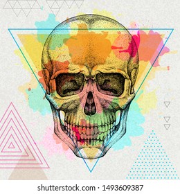 Hand drawing hipster skull illustration on artistic watercolor background. Hipster fashion style