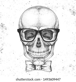 Hand drawing hipster skull illustration on grunge background. Hipster fashion style