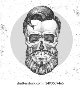Hand drawing hipster skull illustration on grunge background. Hipster fashion style