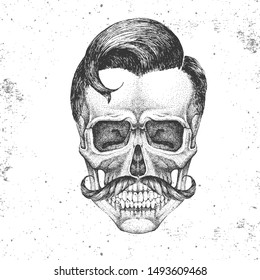 Hand drawing hipster skull illustration on grunge background. Hipster fashion style