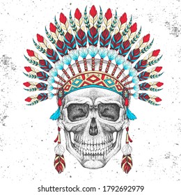 Hand drawing hipster skull with indian feather headdress on grunge background. Hipster fashion style