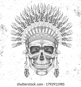 Hand drawing hipster skull with indian feather headdress on grunge background. Hipster fashion style