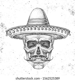 Hand drawing hipster skull with sombrero hat on grunge background. Hipster fashion style