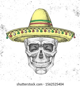 Hand drawing hipster skull with sombrero hat on grunge background. Hipster fashion style