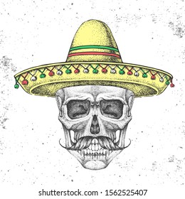 Hand drawing hipster skull with sombrero hat on grunge background. Hipster fashion style