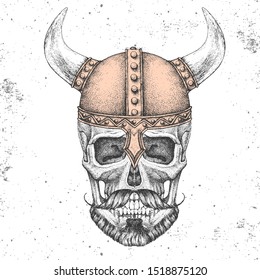 Hand drawing hipster skull with viking helmet on grunge background. Hipster fashion style