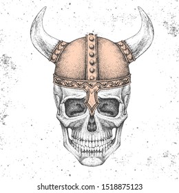 Hand drawing hipster skull with viking helmet on grunge background. Hipster fashion style