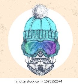Hand drawing Hipster skull in winter hat and snowboard goggles. Hipster fashion style