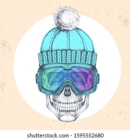 Hand drawing Hipster skull in winter hat and snowboard goggles. Hipster fashion style