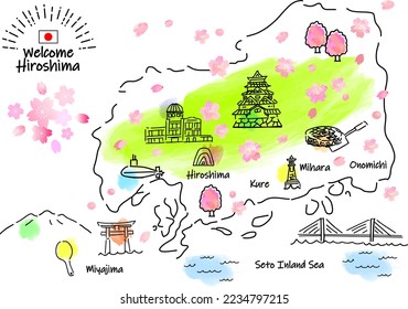 hand drawing HIROSHIMA JAPAN in Spring tourist spot map, vector