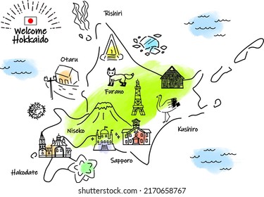 plano manual HOKKAIDO JAPAN mapa de lugares turísticos, vector