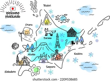 dibujo a mano HOKKAIDO JAPAN en el mapa de puntos turísticos de invierno, vector