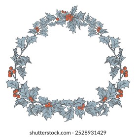 Hand drawing of holly branches wreath with red berries, christmas decoration, vector illustration isolated on white