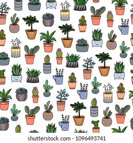 hand drawing home plants in pots. cartoon doodles. seamless pattern on a white background.