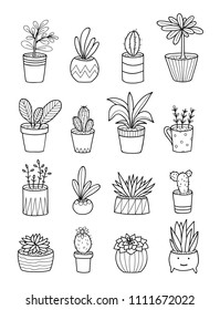 hand drawing home plants in pots. coloring pages with houseplants. cartoon doodles. isolated elements