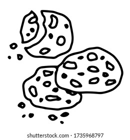 Hand drawing Homemade choco chip cookies with chocolate crisps isolated on white background.Sweet food cookies icon.Bitten,broken,cookie crumbs.Vector illustration in doodle style.Biscuit,small baked.