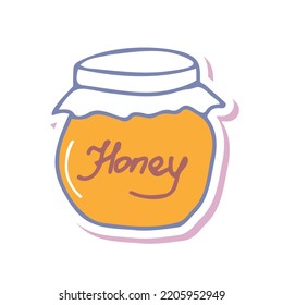 Hand drawing honey jar sticker. Simple logo, minimal subject picture. For greeting cards,children coloring book,seasonal design. Stock Doodle vector illustration isolated on white background