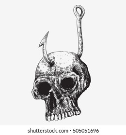 hand drawing of hooked skull black and white