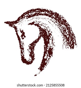 Hand drawing horse head like crayon, chalk, pastel pencil. Silhouette isolated on white. Equestrian sport antique vintage grunge texture print vector logo style.