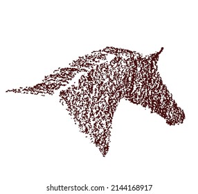 Hand drawing horse head like crayon, chalk, pastel pencil. Galloping silhouette with windy mane isolated on white. Equestrian sport antique vintage grunge texture print logo vector style.