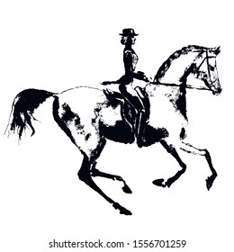 Hand drawing horse rider like engraving. Horseman silhouette with dressage galloping horse on white. Black on white background. Equestrian sport antique vintage grunge texture print vector style.