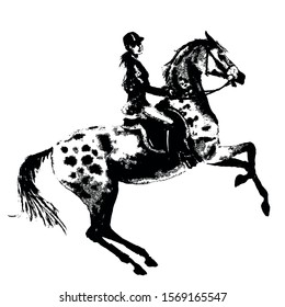 Hand drawing horseback rider and rearing horse like engraving. Horseman silhouette girl on stallion. Black on white background. Equestrian sport antique vintage grunge texture print vector style.