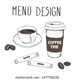 Hand drawing, hot coffee set with cream and sugar.