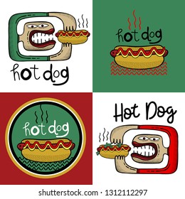 Hand drawing hot dog illustration set. Character who eating hot dog
