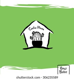 Hand drawing house with cactus logo cartoon vector.
