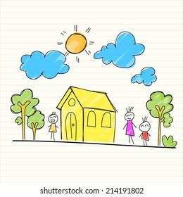 Hand Drawing of house and children
