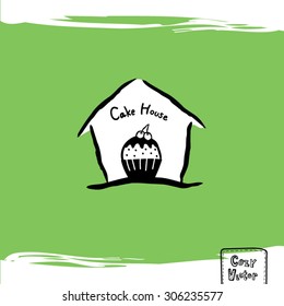 Hand drawing house with cup cake logo cartoon vector.