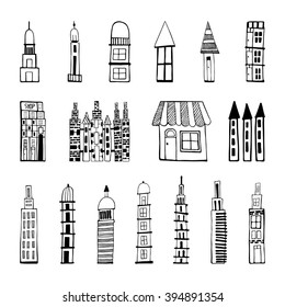hand drawing houses. hand drawn sketch illustration of village houses and other buildings. Sketches of houses. Elements for design.
