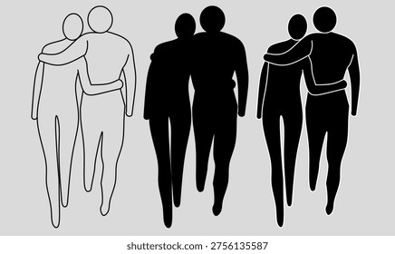 hand drawing Hug friends icon set,two human figures with arms wrapped in embrace.outline and silhouette vector illustration for friendship, love, support, care, social bonding and emotional connection