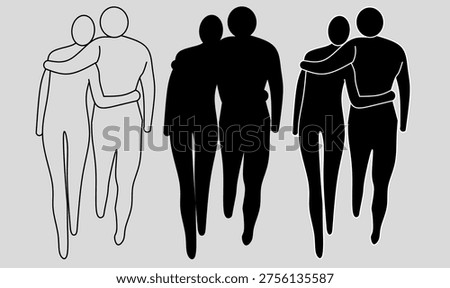 hand drawing Hug friends icon set,two human figures with arms wrapped in embrace.outline and silhouette vector illustration for friendship, love, support, care, social bonding and emotional connection