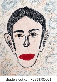 Hand drawing of human face with crayons color,art style