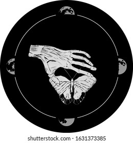 Hand drawing of a human palm touches a butterfly. An occult pattern in the form of a rune depicting the phase of the moon. Stylistics engraving.