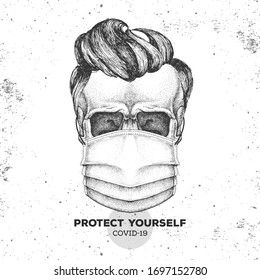 Hand drawing human skull  wearing face medical mask. Covid-19 protection methods. Coronavirus Quarantine Warning. Vector illustration