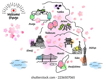 hand drawing HYOGO JAPAN in Spring tourist spot map pink, vector