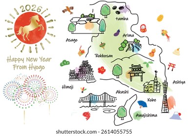 hand drawing HYOGO JAPAN tourist spot map new year card 2026 vector illustration