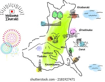 hand drawing IBARAKI JAPAN tourist spot map, vector