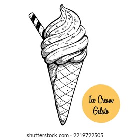 hand drawing Ice cream gelato cone with wafer stick roll
