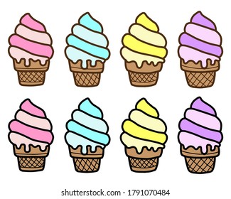 Hand drawing ice cream in a waffle cup. Vector illustration. Tasty doodle food for stickers, posters, web design.