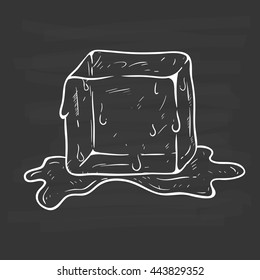 Hand Drawing Ice Cube Melted On Chalkboard Background