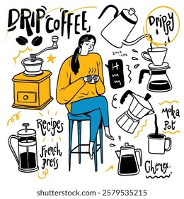 Hand drawing icon elements, coffee shop equipment, coffee machine