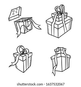 Hand drawing icon from a gift box. Gift collection with cartoon-style borders in black and white. Graphic resource gift box.