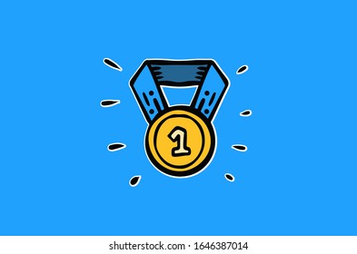 hand drawing icon of gold award medal on the blue background isolated and vector illustration