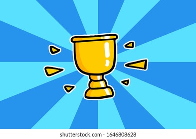 Hand drawing icon of a gold trophy. Illustration, vector on the blue background