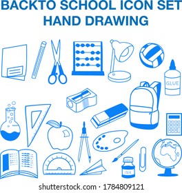 hand drawing icon set for september back to school time - bags, palettes, glues, scissors, fruits, pens, pencils, erasers, books, lamps, calculator and other stuffs releated to school and education.